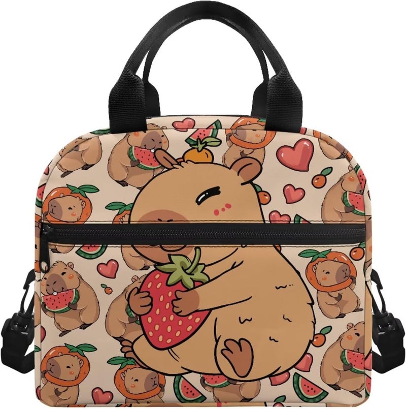 Yuosegray Cute Capybara Lunch Box for Girls 10-12 Strawberry Preschool Lunch Box Kids 4-6 Kindergarten Meal Bag 6-8 Toddler Elementary School Children Lightweight Adjustable Shoulder Strap - Image 1